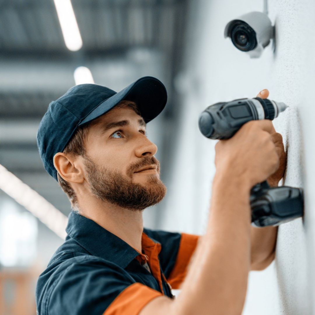Técnico instalando cámaras de seguridad